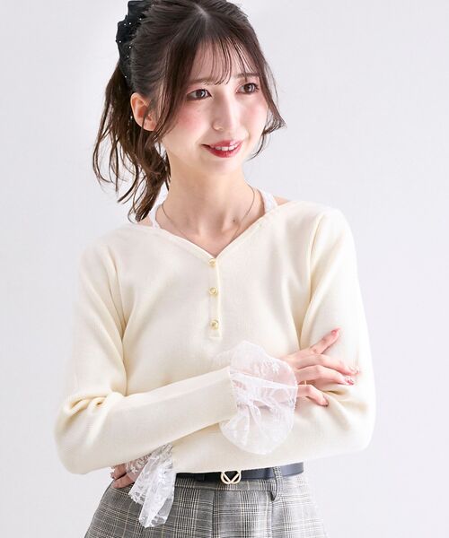 MAJESTIC LEGON（マジェスティックレゴン）の「レースドッキングVネックニット（ニット/セーター・レディース・ボルドー/ブラック/アイボリー・MEDIUM）」の10枚目の写真