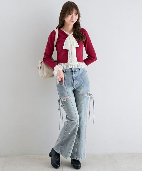 MAJESTIC LEGON（マジェスティックレゴン）の「レースドッキングVネックニット（ニット/セーター・レディース・ボルドー/ブラック/アイボリー・MEDIUM）」の4枚目の写真