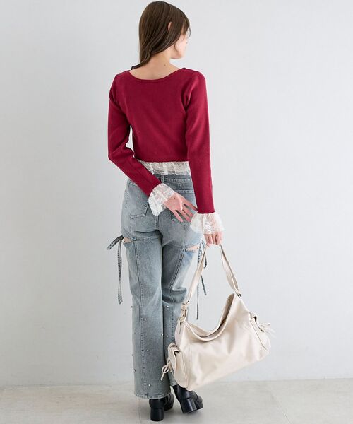 MAJESTIC LEGON（マジェスティックレゴン）の「レースドッキングVネックニット（ニット/セーター・レディース・ボルドー/ブラック/アイボリー・MEDIUM）」の6枚目の写真