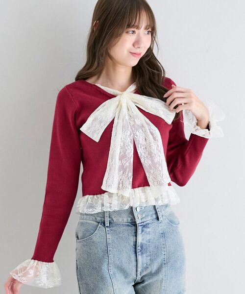 MAJESTIC LEGON（マジェスティックレゴン）の「レースドッキングVネックニット（ニット/セーター・レディース・ボルドー/ブラック/アイボリー・MEDIUM）」の7枚目の写真