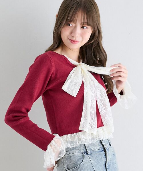 MAJESTIC LEGON（マジェスティックレゴン）の「レースドッキングVネックニット（ニット/セーター・レディース・ボルドー/ブラック/アイボリー・MEDIUM）」の8枚目の写真