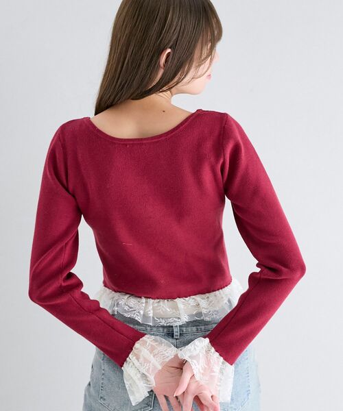 MAJESTIC LEGON（マジェスティックレゴン）の「レースドッキングVネックニット（ニット/セーター・レディース・ボルドー/ブラック/アイボリー・MEDIUM）」の9枚目の写真