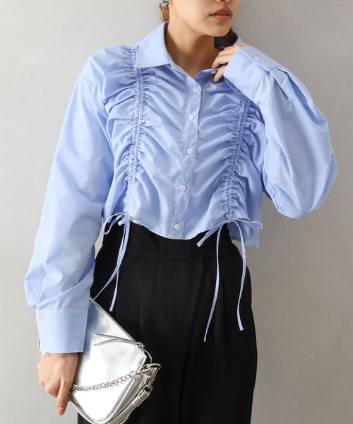 SpRay(スプレイ)の「フロントシャーリングシャツ(シャツ/ブラウス・レディース・ホワイト×ブラック/ブルー系その他/ブルー系その他2/サックスブルー/ホワイト・FREE)」の3枚目の写真