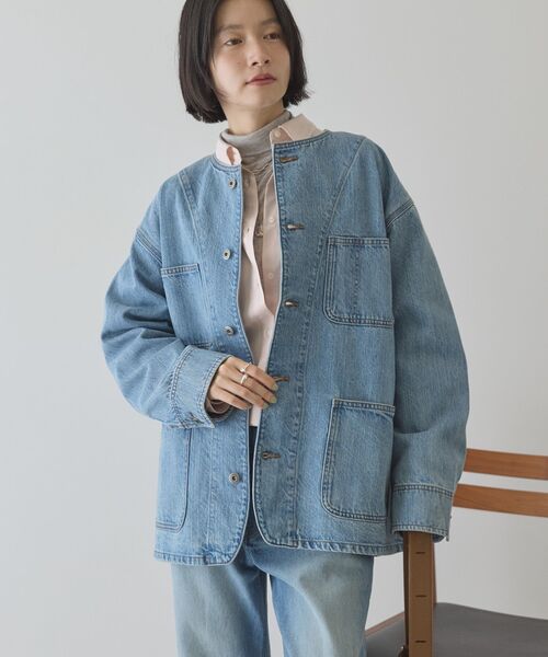 AMERICAN HOLIC(アメリカンホリック)の「ノーカラーデニムカバーオール(デニムジャケット・レディース・ライトインディゴブルー/ワンウォッシュ・M/L)」の21枚目の写真