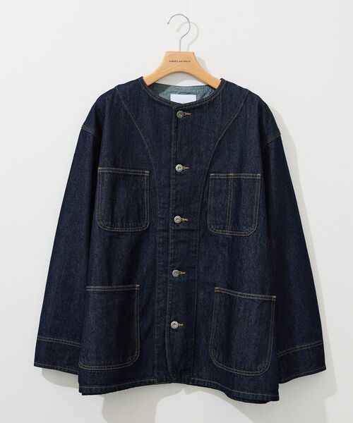 AMERICAN HOLIC(アメリカンホリック)の「ノーカラーデニムカバーオール(デニムジャケット・レディース・ライトインディゴブルー/ワンウォッシュ・M/L)」の1枚目の写真