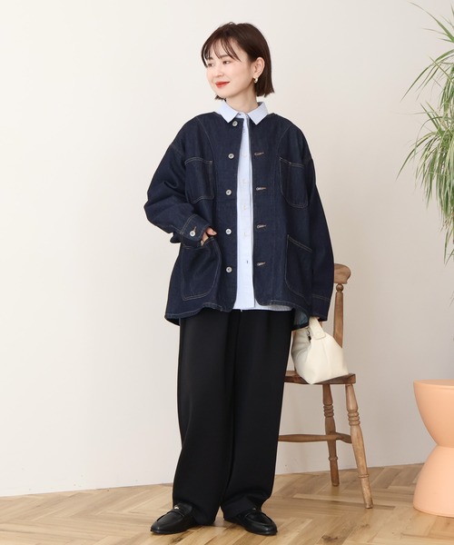 AMERICAN HOLIC(アメリカンホリック)の「ノーカラーデニムカバーオール(デニムジャケット・レディース・ライトインディゴブルー/ワンウォッシュ・M/L)」の6枚目の写真