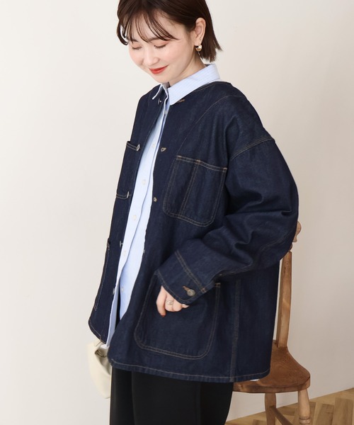 AMERICAN HOLIC(アメリカンホリック)の「ノーカラーデニムカバーオール(デニムジャケット・レディース・ライトインディゴブルー/ワンウォッシュ・M/L)」の9枚目の写真