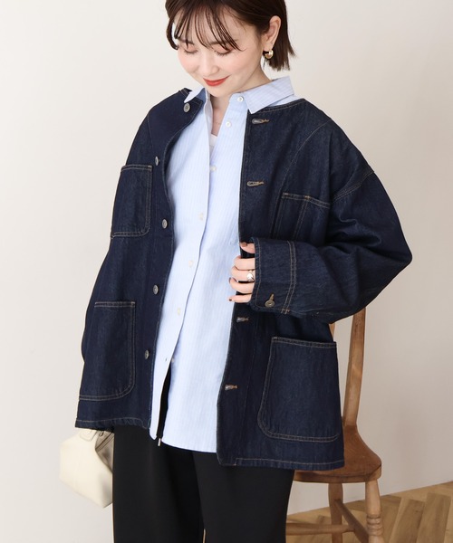 AMERICAN HOLIC(アメリカンホリック)の「ノーカラーデニムカバーオール(デニムジャケット・レディース・ライトインディゴブルー/ワンウォッシュ・M/L)」の13枚目の写真