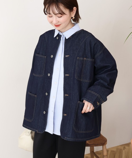 AMERICAN HOLIC(アメリカンホリック)の「ノーカラーデニムカバーオール(デニムジャケット・レディース・ライトインディゴブルー/ワンウォッシュ・M/L)」の5枚目の写真