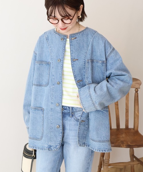 AMERICAN HOLIC(アメリカンホリック)の「ノーカラーデニムカバーオール(デニムジャケット・レディース・ライトインディゴブルー/ワンウォッシュ・M/L)」の18枚目の写真