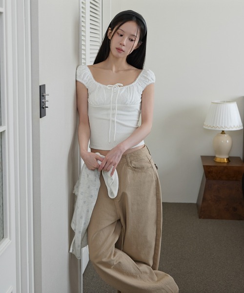 UNE MANSION(ユヌマンション)の「フラワージャガードラブリーリボンキャミソール(Tシャツ/カットソー・レディース・ブラウン/アイボリー/スカイブルー・FREE)」の5枚目の写真
