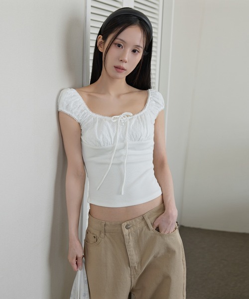 UNE MANSION(ユヌマンション)の「フラワージャガードラブリーリボンキャミソール(Tシャツ/カットソー・レディース・ブラウン/アイボリー/スカイブルー・FREE)」の7枚目の写真