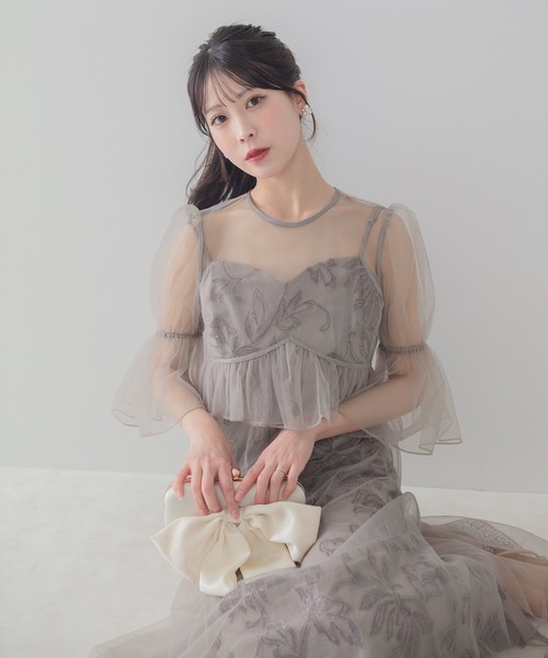 LEJA】フラワースパンコールチュールシアーワンピースキャミワンピース