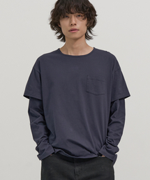 EXCONTAINER | Uネックレイヤードロングスリーブ (ネイビー)(Tシャツ/カットソー)