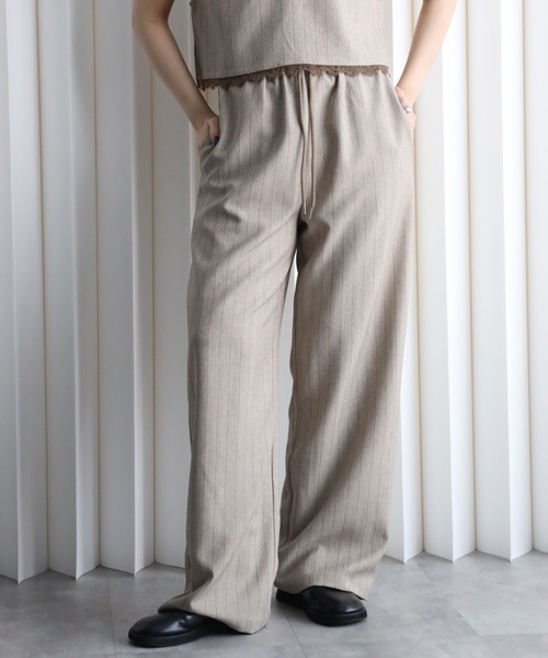YENNA（イェンナ）の「ストライプ柄 レースウエストイージーワイドパンツ 【セットアップ対応】オケージョン（スラックス・レディース・チャコールグレー/ベージュ/グレイッシュベージュ・FT/F）」の18枚目の写真
