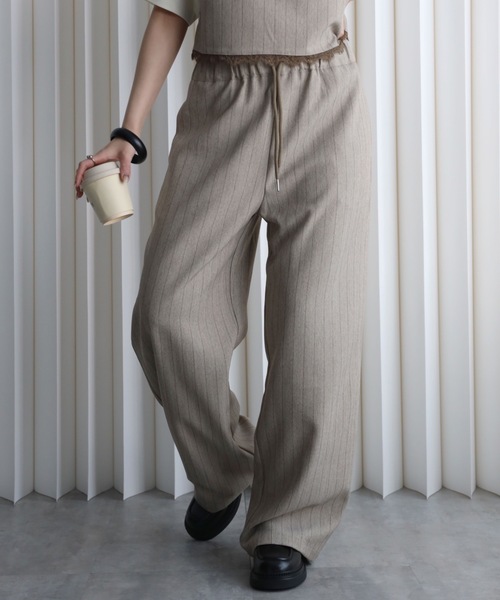 YENNA（イェンナ）の「ストライプ柄 レースウエストイージーワイドパンツ 【セットアップ対応】オケージョン（スラックス・レディース・チャコールグレー/ベージュ/グレイッシュベージュ・FT/F）」の12枚目の写真