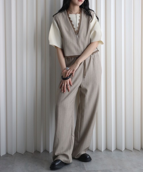YENNA（イェンナ）の「ストライプ柄 レースウエストイージーワイドパンツ 【セットアップ対応】オケージョン（スラックス・レディース・チャコールグレー/ベージュ/グレイッシュベージュ・FT/F）」の15枚目の写真