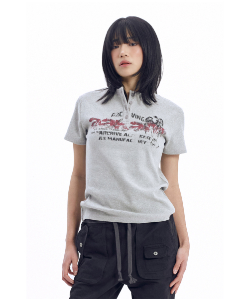 AAKAM（アーカム）の「Crack Henry Neck Half Top (Gray)（Tシャツ