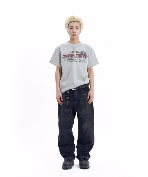 AAKAM（アーカム）の「Crack Henry Neck Half Top (Gray)（Tシャツ