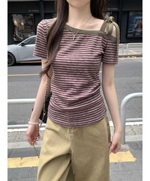 【Lp】ボーダーワンショルダーTシャツ