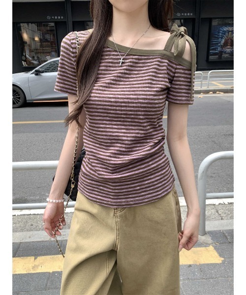ARCHIVER(アーカイバ)の「【Lp】ボーダーワンショルダーTシャツ(Tシャツ/カットソー・レディース・パープル・LARGE/SMALL/MEDIUM)」の1枚目の写真