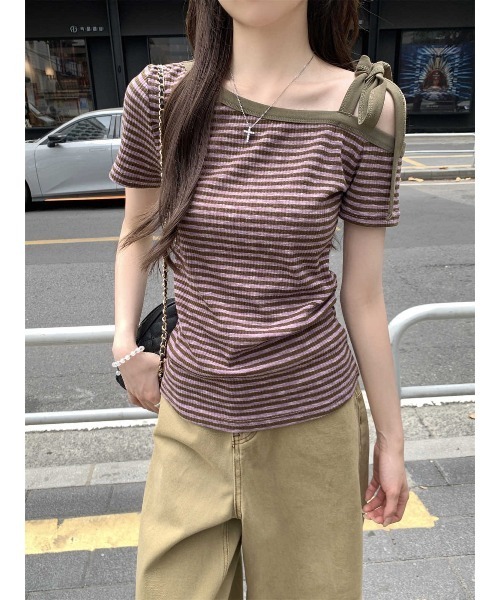 ARCHIVER(アーカイバ)の「【Lp】ボーダーワンショルダーTシャツ(Tシャツ/カットソー・レディース・パープル・LARGE/SMALL/MEDIUM)」の2枚目の写真