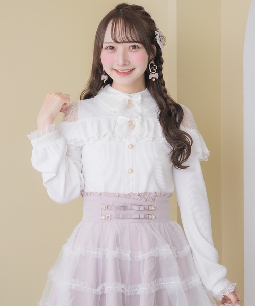 ROJITA(ロジータ)の「ダブルリボンレース切替カットトップス(Tシャツ/カットソー・レディース・ピンクベージュ/ブラック/ホワイト・FREE)」の5枚目の写真