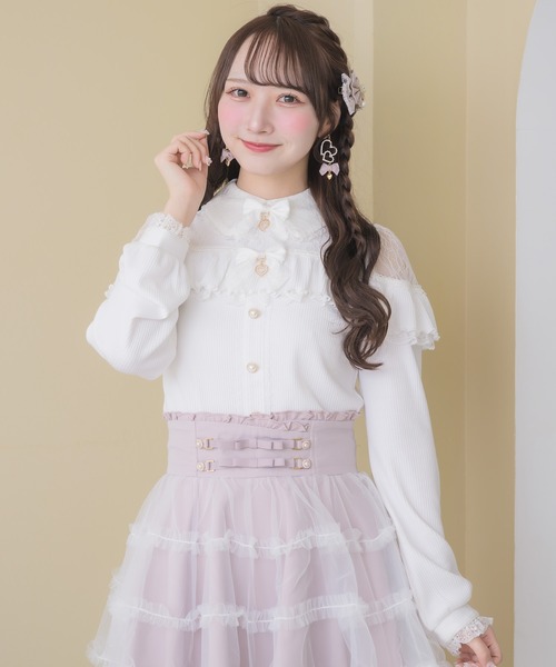 ROJITA(ロジータ)の「ダブルリボンレース切替カットトップス(Tシャツ/カットソー・レディース・ピンクベージュ/ブラック/ホワイト・FREE)」の6枚目の写真