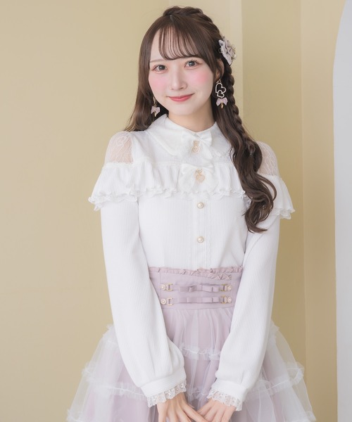 ROJITA(ロジータ)の「ダブルリボンレース切替カットトップス(Tシャツ/カットソー・レディース・ピンクベージュ/ブラック/ホワイト・FREE)」の7枚目の写真