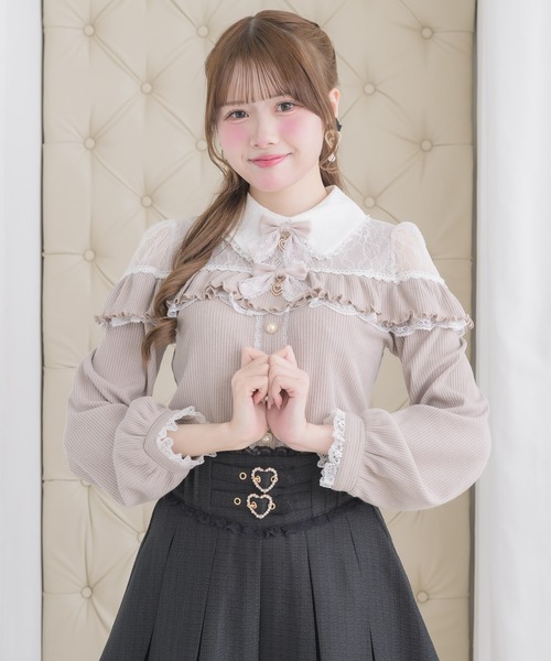 ROJITA(ロジータ)の「ダブルリボンレース切替カットトップス(Tシャツ/カットソー・レディース・ピンクベージュ/ブラック/ホワイト・FREE)」の12枚目の写真