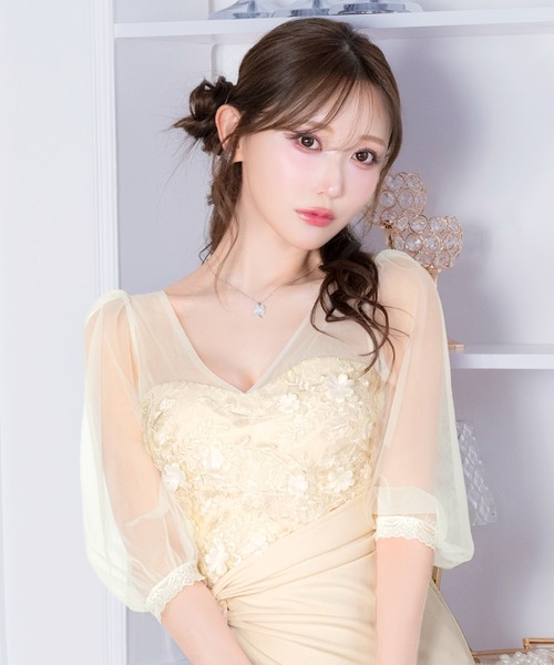 darial（ダリアル）の「フラワーレースサイドツイストシフォン七分袖タイトミニ丈キャバドレス（ドレス・レディース・アイボリー・M/S/L）」の9枚目の写真