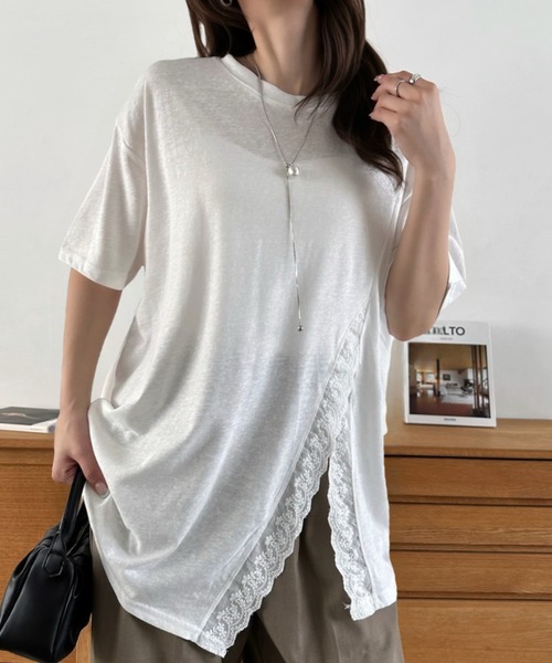 Eclat one(エクラワン)の「【Eclat one】スリット レース 半袖 オーバーサイズ カットソー(Tシャツ/カットソー・レディース・イエロー/ホワイト/ブラック・FREE)」の2枚目の写真