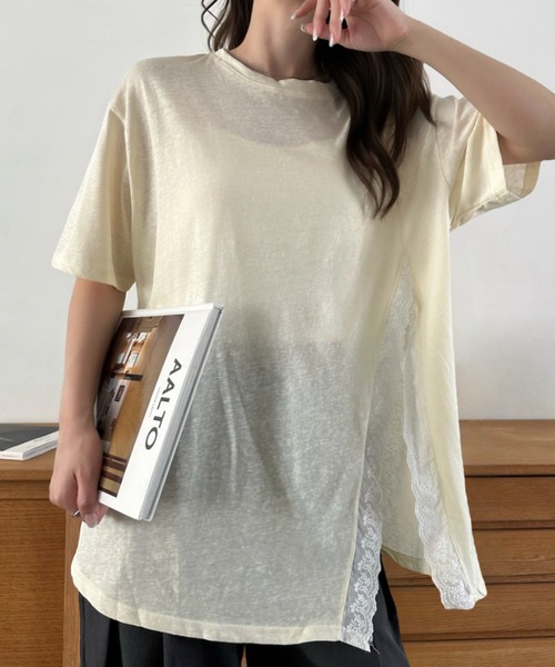 Eclat one(エクラワン)の「【Eclat one】スリット レース 半袖 オーバーサイズ カットソー(Tシャツ/カットソー・レディース・イエロー/ホワイト/ブラック・FREE)」の3枚目の写真
