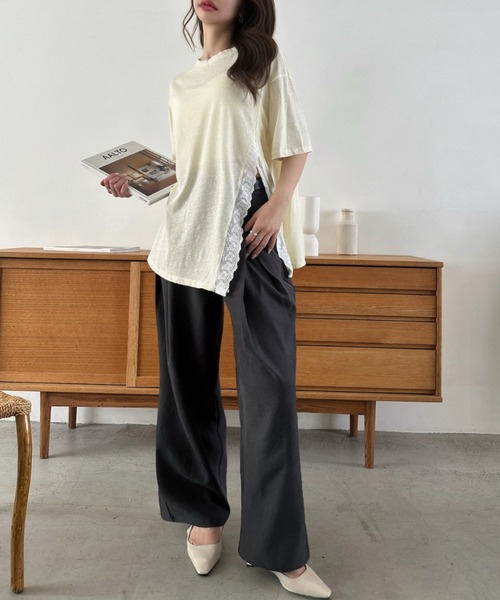 Eclat one(エクラワン)の「【Eclat one】スリット レース 半袖 オーバーサイズ カットソー(Tシャツ/カットソー・レディース・イエロー/ホワイト/ブラック・FREE)」の11枚目の写真