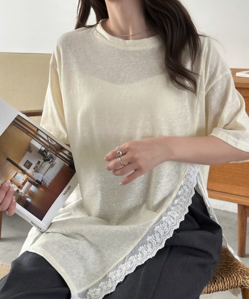 Eclat one(エクラワン)の「【Eclat one】スリット レース 半袖 オーバーサイズ カットソー(Tシャツ/カットソー・レディース・イエロー/ホワイト/ブラック・FREE)」の12枚目の写真