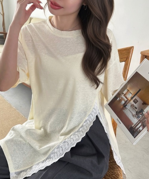 Eclat one(エクラワン)の「【Eclat one】スリット レース 半袖 オーバーサイズ カットソー(Tシャツ/カットソー・レディース・イエロー/ホワイト/ブラック・FREE)」の13枚目の写真