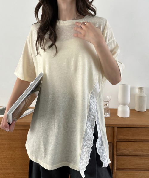 Eclat one(エクラワン)の「【Eclat one】スリット レース 半袖 オーバーサイズ カットソー(Tシャツ/カットソー・レディース・イエロー/ホワイト/ブラック・FREE)」の14枚目の写真