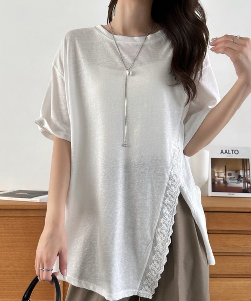 Eclat one(エクラワン)の「【Eclat one】スリット レース 半袖 オーバーサイズ カットソー(Tシャツ/カットソー・レディース・イエロー/ホワイト/ブラック・FREE)」の5枚目の写真