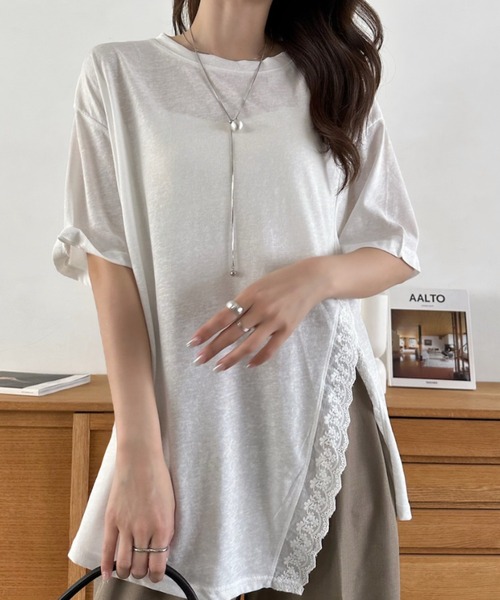 Eclat one(エクラワン)の「【Eclat one】スリット レース 半袖 オーバーサイズ カットソー(Tシャツ/カットソー・レディース・イエロー/ホワイト/ブラック・FREE)」の6枚目の写真