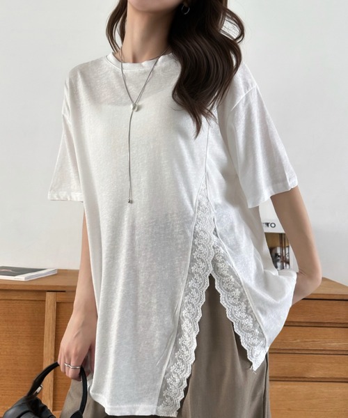 Eclat one(エクラワン)の「【Eclat one】スリット レース 半袖 オーバーサイズ カットソー(Tシャツ/カットソー・レディース・イエロー/ホワイト/ブラック・FREE)」の7枚目の写真