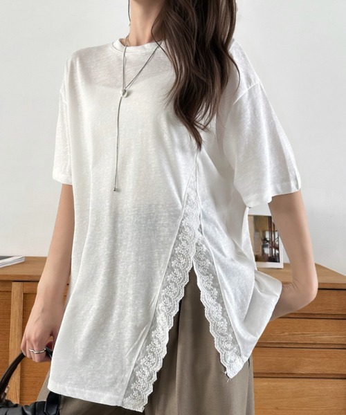 Eclat one(エクラワン)の「【Eclat one】スリット レース 半袖 オーバーサイズ カットソー(Tシャツ/カットソー・レディース・イエロー/ホワイト/ブラック・FREE)」の8枚目の写真