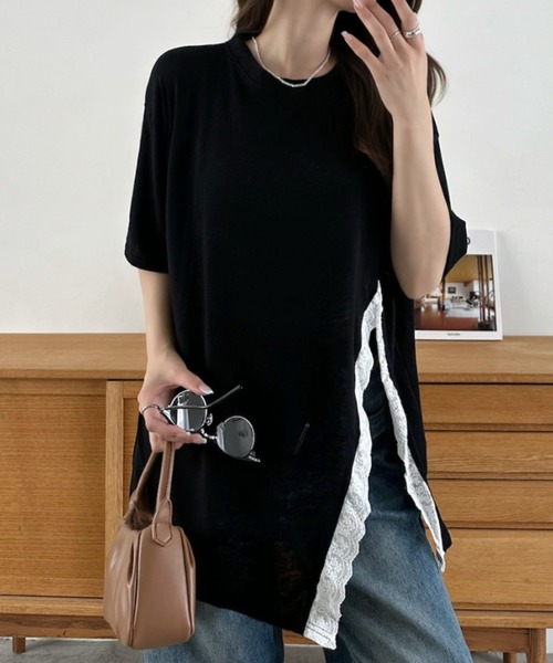Eclat one(エクラワン)の「【Eclat one】スリット レース 半袖 オーバーサイズ カットソー(Tシャツ/カットソー・レディース・イエロー/ホワイト/ブラック・FREE)」の15枚目の写真