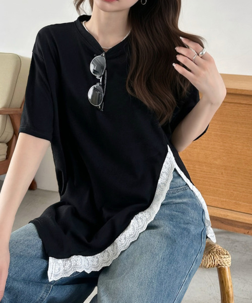 Eclat one(エクラワン)の「【Eclat one】スリット レース 半袖 オーバーサイズ カットソー(Tシャツ/カットソー・レディース・イエロー/ホワイト/ブラック・FREE)」の19枚目の写真