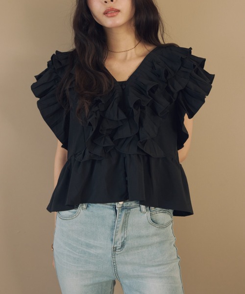 ACYM（アシーム）の「デコラティブフリルブラウス（シャツ/ブラウス・レディース・ブラック/アイボリー・FREE）」の5枚目の写真