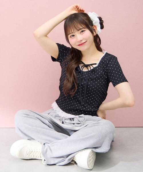 INGNI(イング)の「【WEB限定】レース出しリボン付ドット半袖リブトップス(Tシャツ/カットソー・レディース・ブラック×ホワイト/ホワイト×ブラック・M)」の2枚目の写真