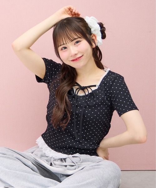 INGNI(イング)の「【WEB限定】レース出しリボン付ドット半袖リブトップス(Tシャツ/カットソー・レディース・ブラック×ホワイト/ホワイト×ブラック・M)」の6枚目の写真