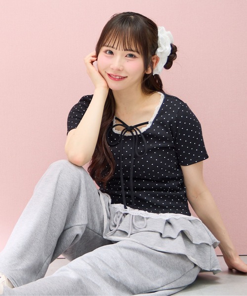 INGNI(イング)の「【WEB限定】レース出しリボン付ドット半袖リブトップス(Tシャツ/カットソー・レディース・ブラック×ホワイト/ホワイト×ブラック・M)」の5枚目の写真