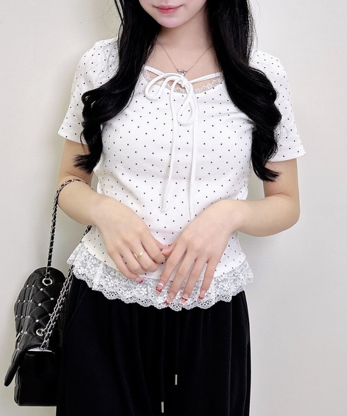 INGNI(イング)の「【WEB限定】レース出しリボン付ドット半袖リブトップス(Tシャツ/カットソー・レディース・ブラック×ホワイト/ホワイト×ブラック・M)」の7枚目の写真