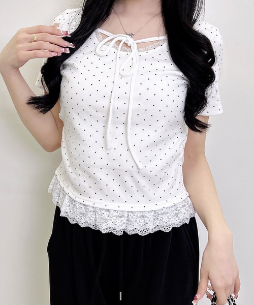 INGNI(イング)の「【WEB限定】レース出しリボン付ドット半袖リブトップス(Tシャツ/カットソー・レディース・ブラック×ホワイト/ホワイト×ブラック・M)」の16枚目の写真