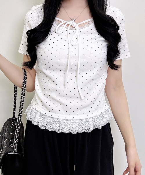INGNI(イング)の「【WEB限定】レース出しリボン付ドット半袖リブトップス(Tシャツ/カットソー・レディース・ブラック×ホワイト/ホワイト×ブラック・M)」の15枚目の写真